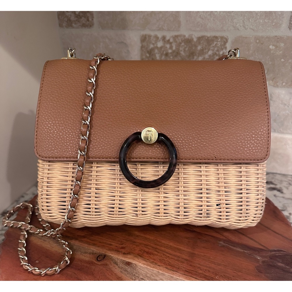 Ted Baker Janiya Rattan Wicker Crossbody Bag Brown Tortoise Ring Chain Purse